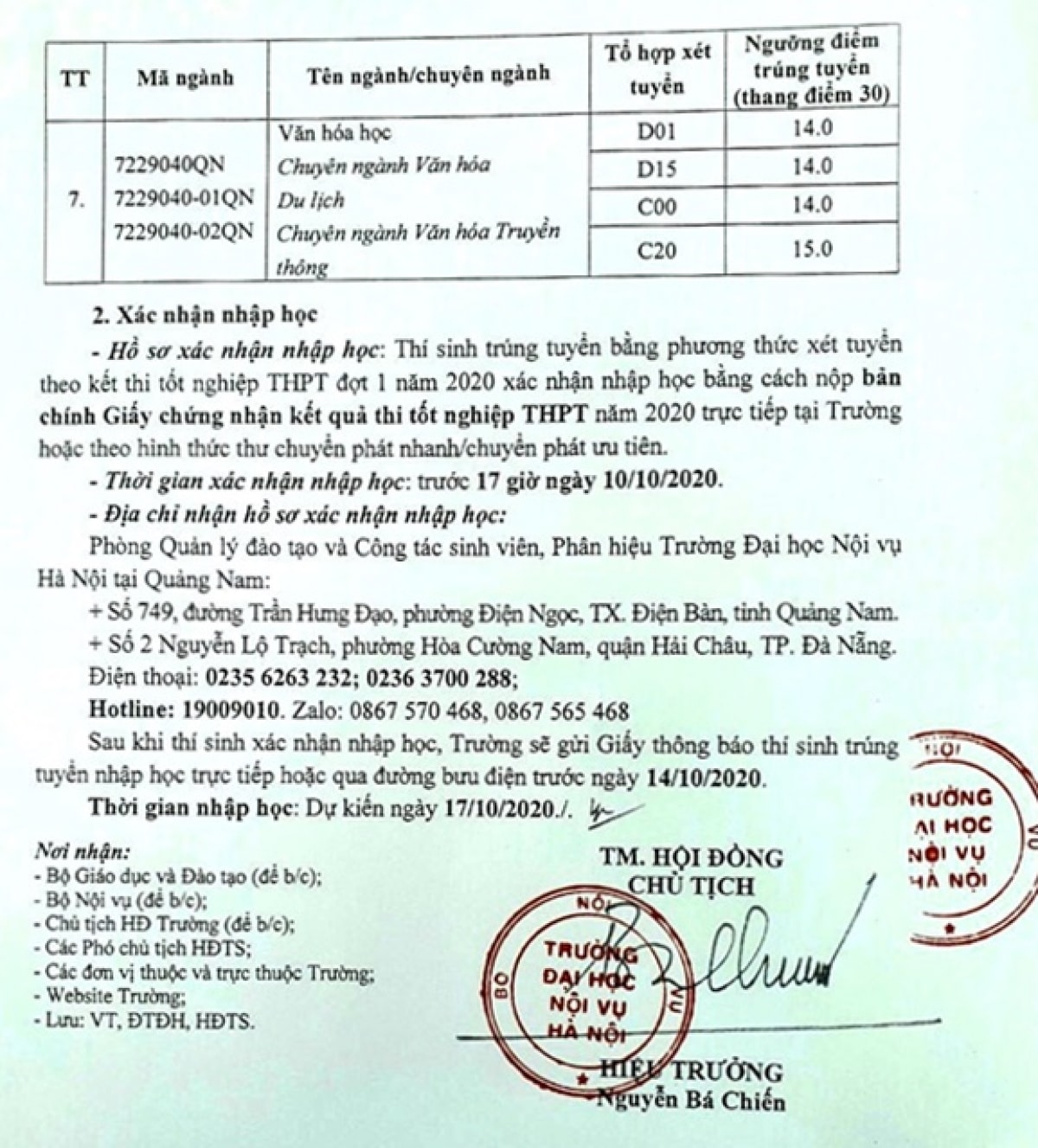Điểm trúng tuyển đại học chính quy tại Phân hiệu Quảng Nam.