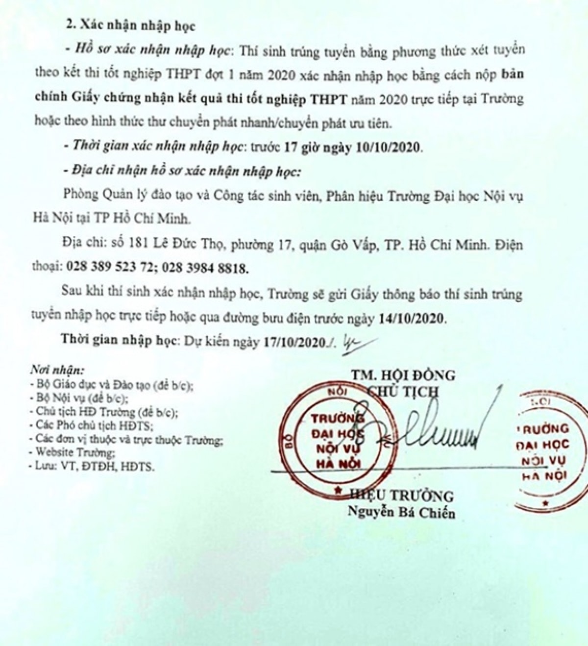 Điểm trúng tuyển đại học chính quy tại Phân hiệu TP Hồ Chí Minh.
