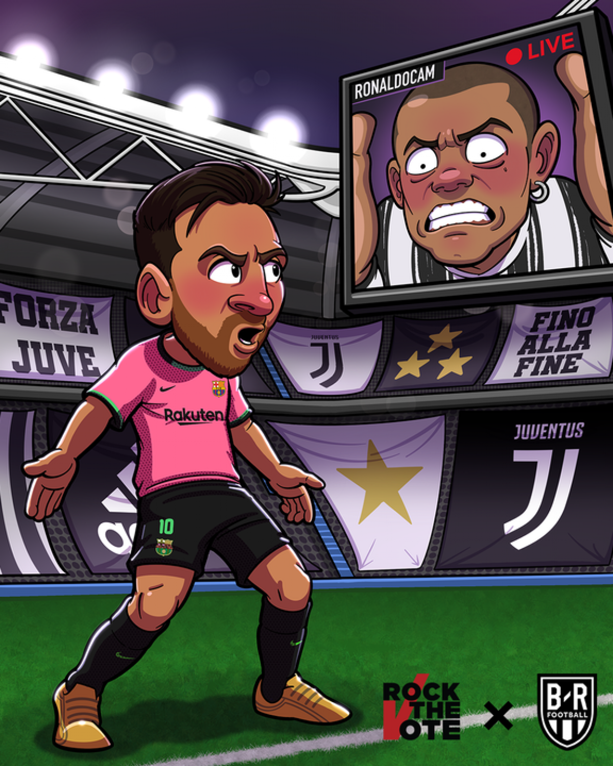 Cristiano Ronaldo cay đắng nhìn Lionel Messi tỏa sáng. (Ảnh: Bleacher Reports)