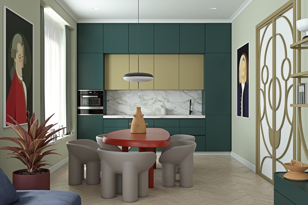 Màu xanh đậm và nhạt kết hợp khá hài hòa trong cùng một không gian bếp.