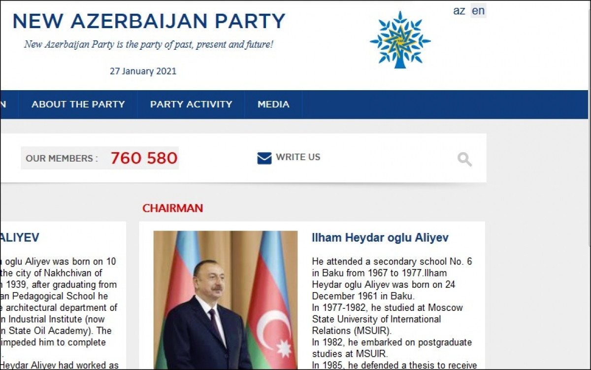 Trang tiếng Anh của website Đảng Azerbaijan Mới. Trong ảnh có chân dung Chủ tịch đảng này, ông Ilham Aliyev và tiểu sử của ông.