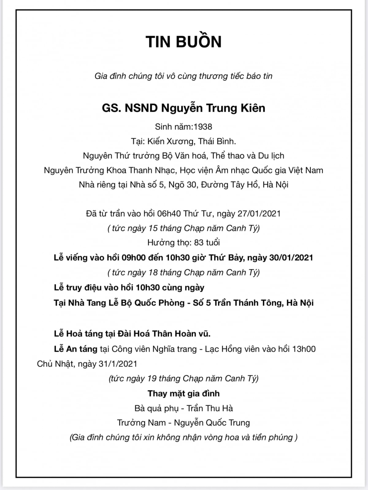 Cáo phó của NSND Trung Kiên do gia đình công bố.