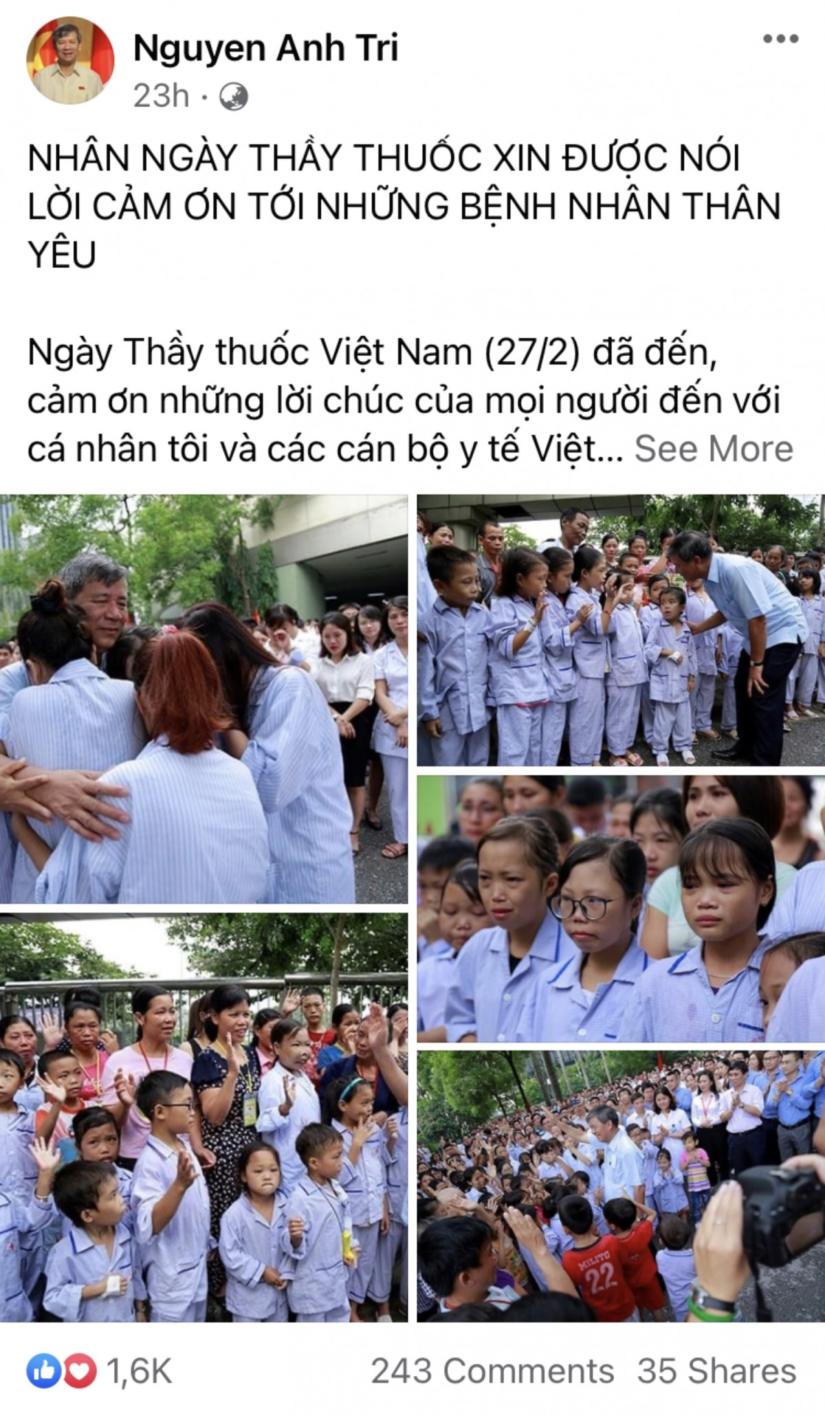 Trên trang Facebook cá nhân của GS-TS, AHLĐ Nguyễn Anh Trí, nguyên Viện trưởng Viện Huyết học - Truyền máu Trung ương có bài viết xúc động nhân Ngày Thầy thuốc Việt Nam.