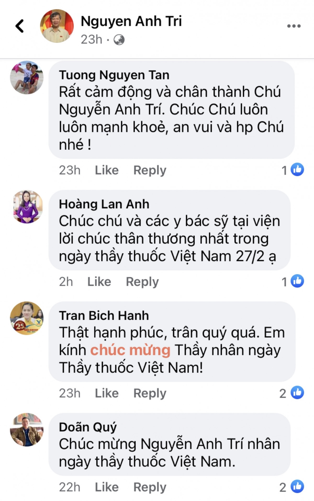 Những lời chúc mừng gửi tới GS-TS, AHLĐ Nguyễn Anh Trí nhân ngày 27/2.