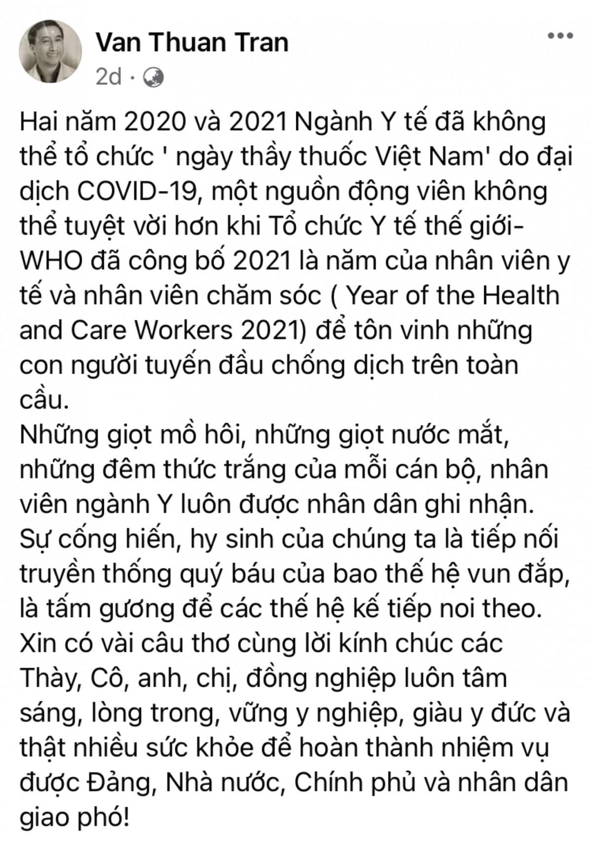Trên trang Facebook cá nhân, Thứ trưởng Bộ Y tế Trần Văn Thuấn đã có bài viết về ngày 27/2 với lời chúc tới 