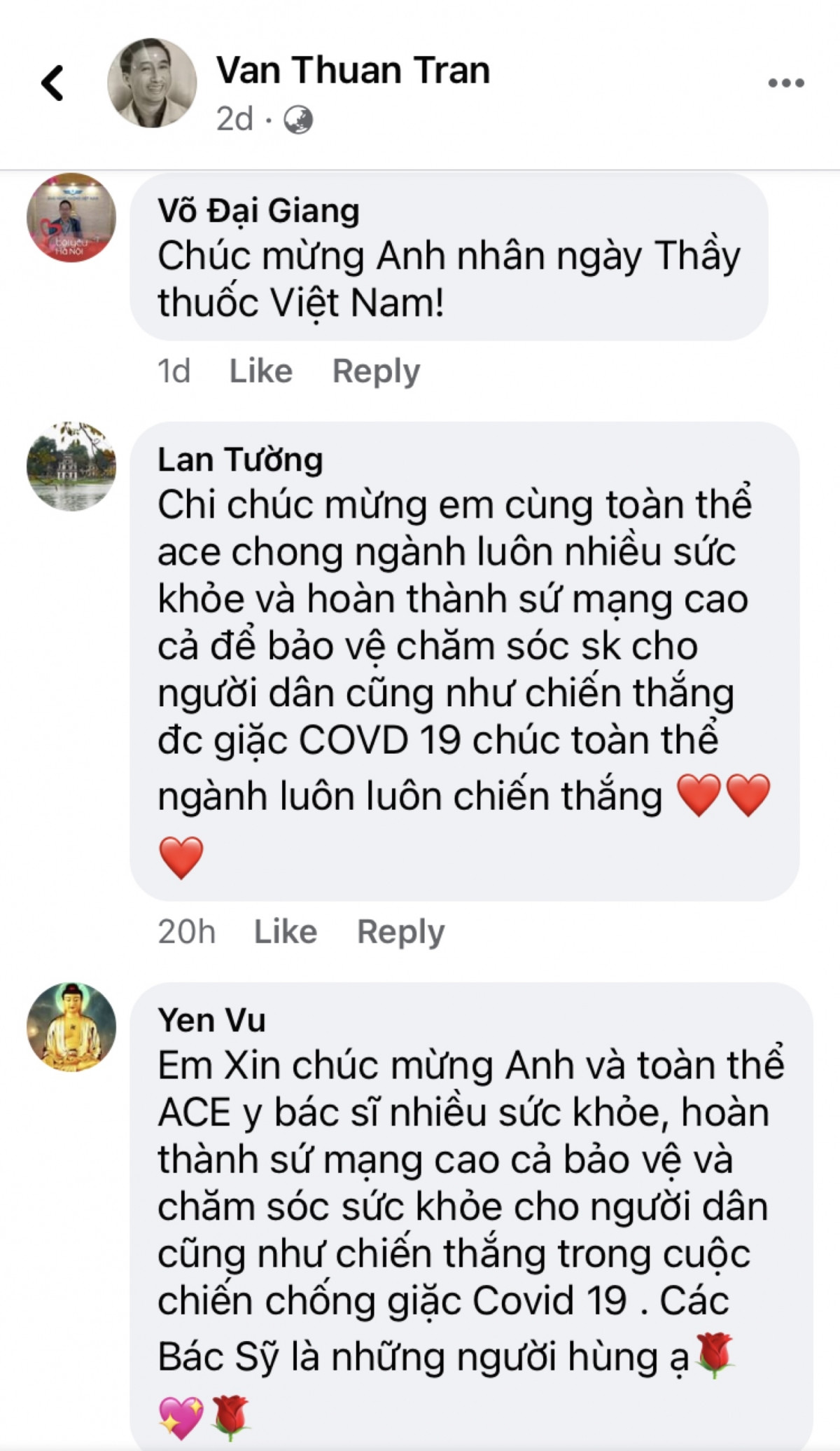Những lời chúc nhân Ngày Thầy thuốc Việt Nam của cộng đồng mạng trên trang Facebook cá nhân của Thứ trưởng Bộ Y tế Trần Văn Thuấn.