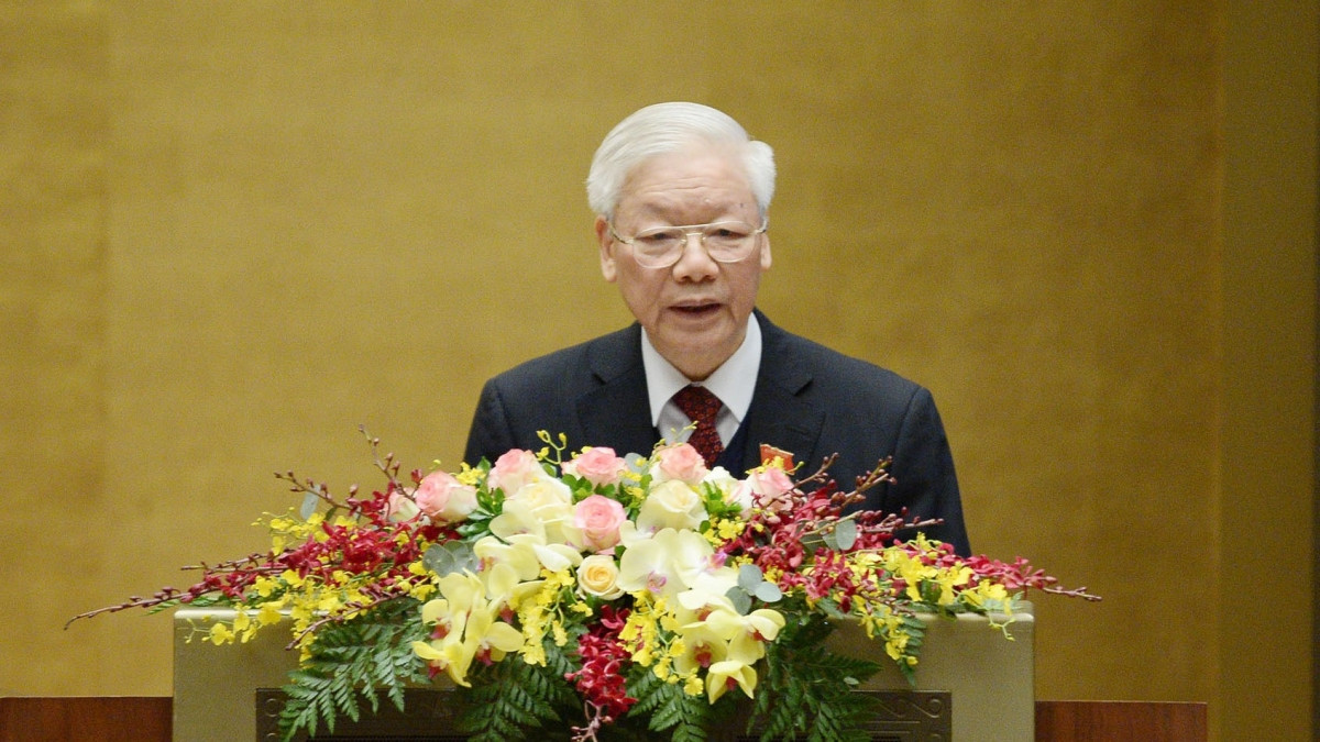 Tổng Bí thư, Chủ tịch nước Nguyễn Phú Trọng trình bày báo cáo sáng 24/3 (Ảnh: Quochoi.vn)