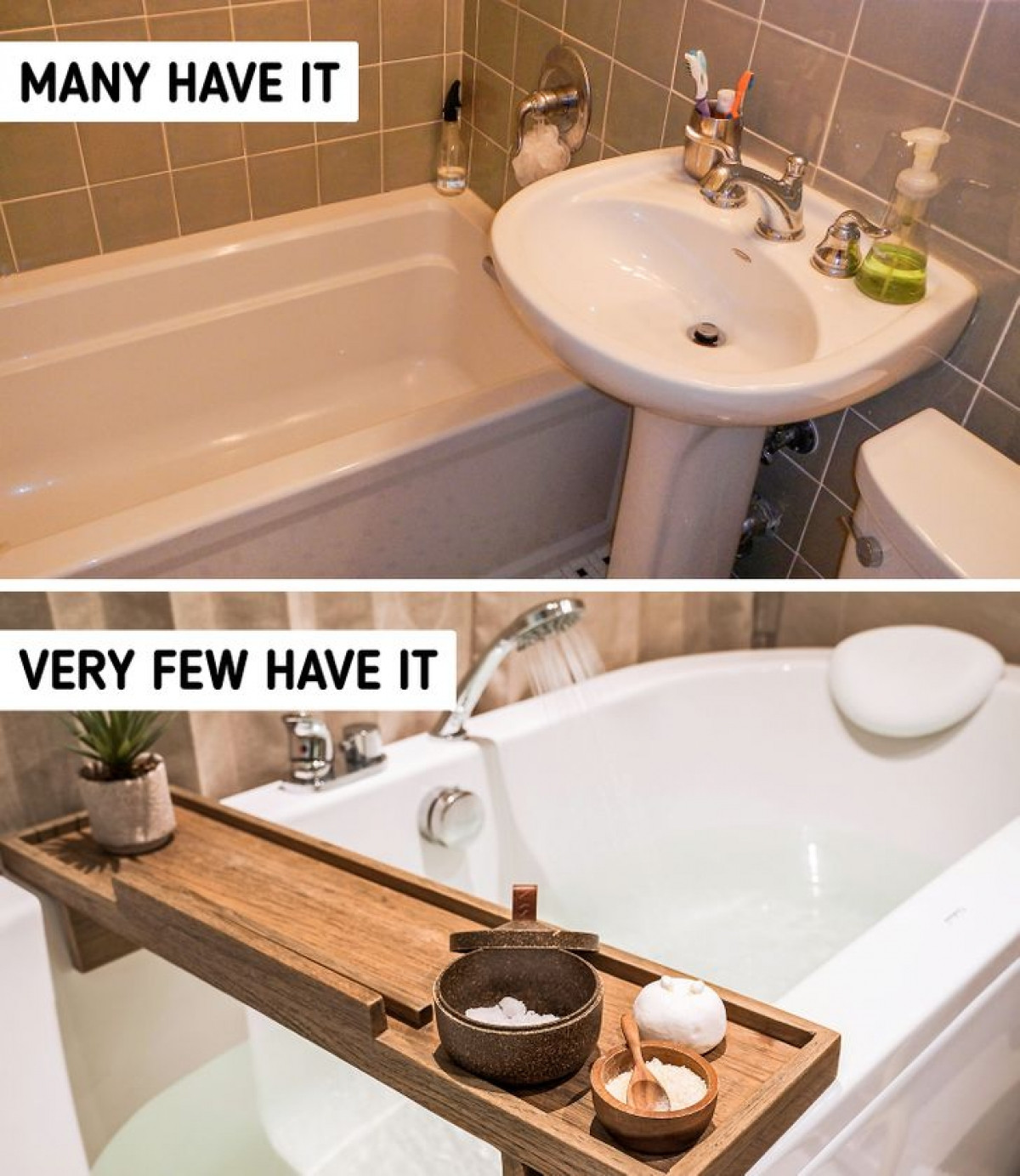 Để thư giãn trong bồn tắm, bạn nên đầu tư vào một chiếc ca-bin bồn tắm bằng gỗ đa năng. Thậm chí một số sản phẩm còn có khe đặt máy tính bảng hoặc giá sách, giá đỡ điện thoại, ngăn đựng cốc, ngăn đựng ly rượu...