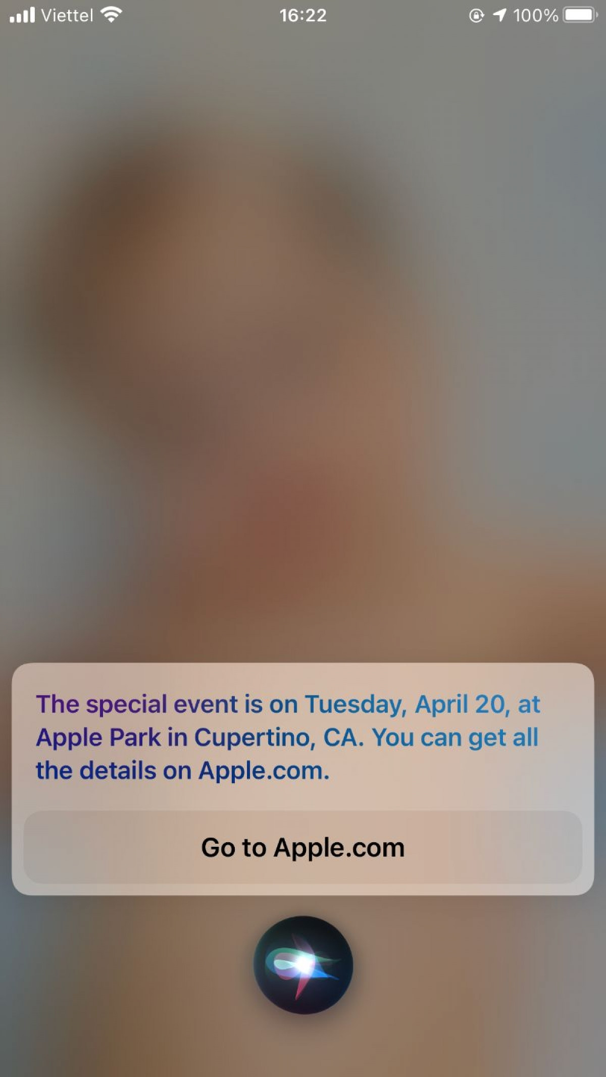 Ảnh chụp màn hình Siri cho thấy sự kiện sắp tới của Apple sẽ diễn ra vào ngày 20/4.