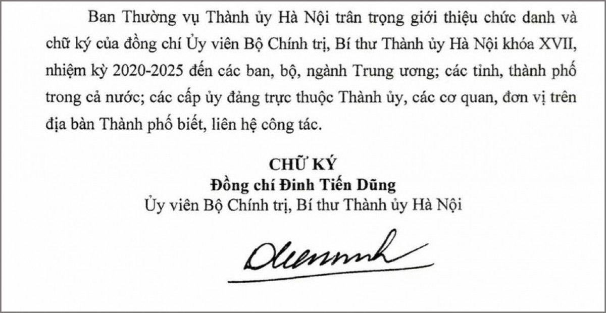 Thông báo giới thiệu chữ ký của Bí thư Thành ủy Hà Nội Đinh Tiến Dũng.