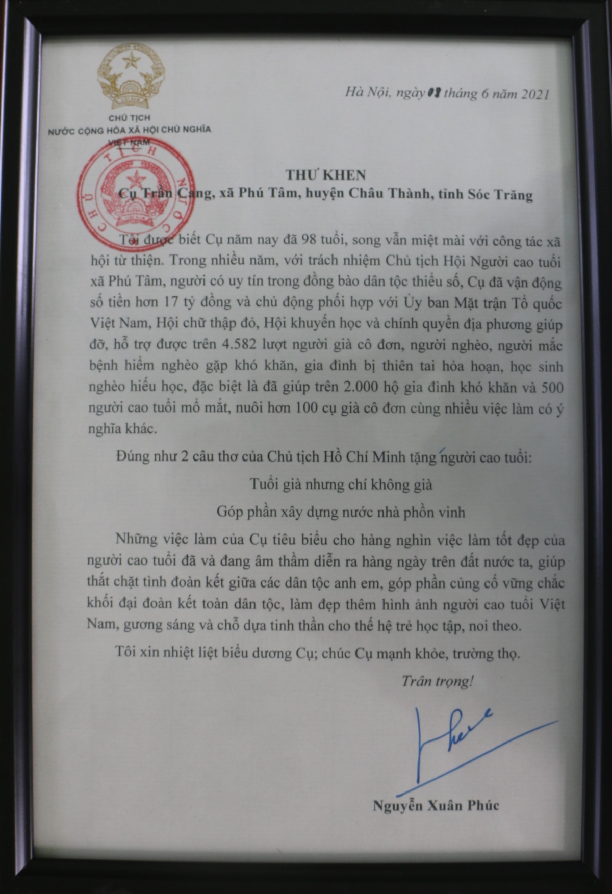 Chủ tịch nước Nguyễn Xuân Phúc gửi thư khen đến cụ Trần Cang.