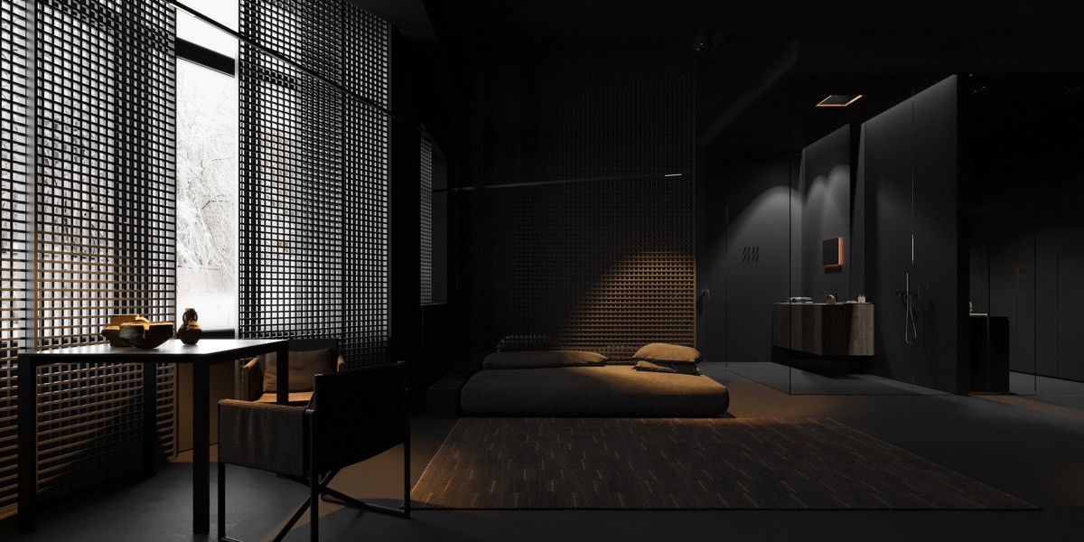 Một phòng ngủ hoàn toàn màu đen phù hợp với lối trang trí tối giản nhưng vô cùng hiện đại.