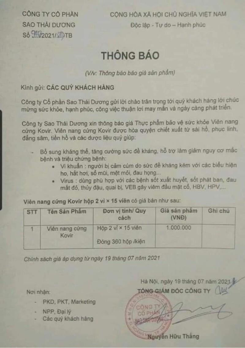 Bị tố tăng giá viên nang Kovir gấp nhiều lần, công ty Sao Thái Dương lên tiếng - 2