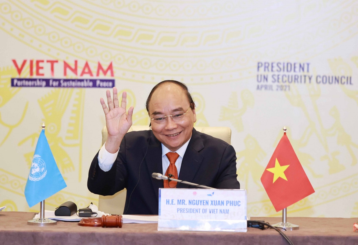 Chủ tịch nước Nguyễn Xuân Phúc chủ trì Phiên thảo luận Cấp cao của Hội đồng Bảo an Liên Hợp Quốc, ngày 19/4. Ảnh: Thống Nhất/TTXVN