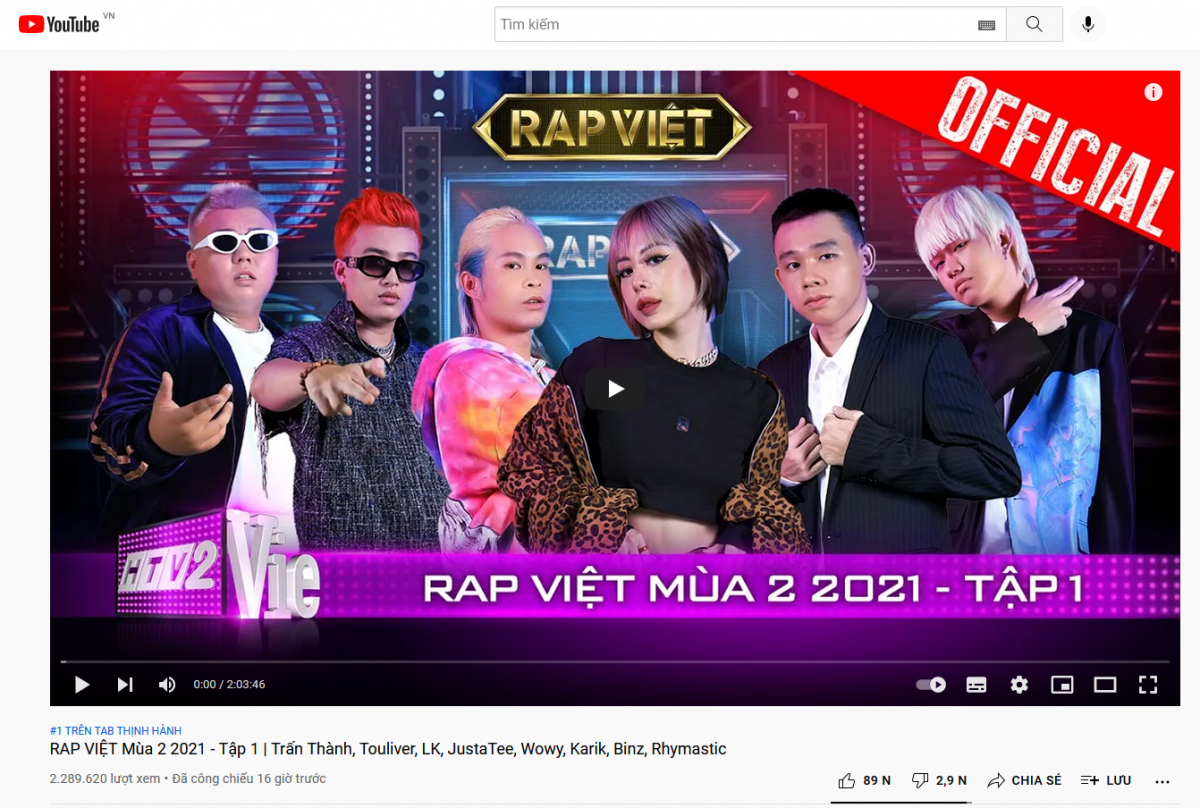 Rap Việt mùa 2 tập 1 đứng đầu top thịnh hành Youtube Việt Nam