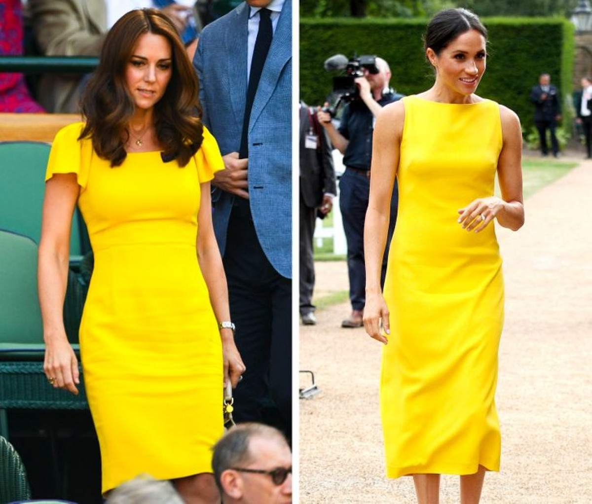 Kate Middleton và Meghan Markle đều sở hữu những chiếc váy midi màu vàng rực rỡ. Cả hai đều trông vô cùng nổi bật.