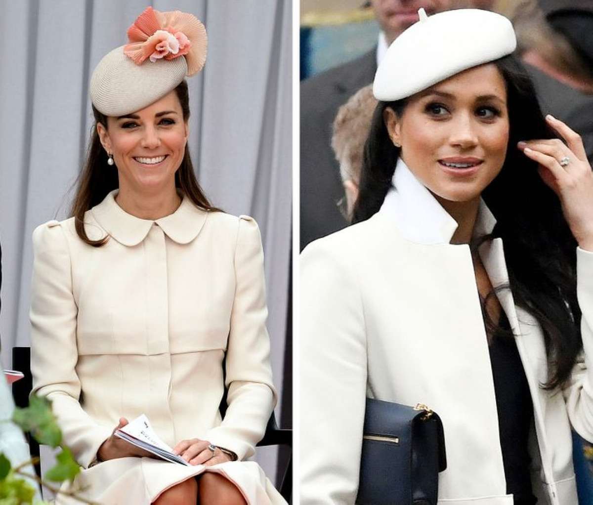 Kate Middleton và Meghan Markle thanh lịch với trang phục trắng.