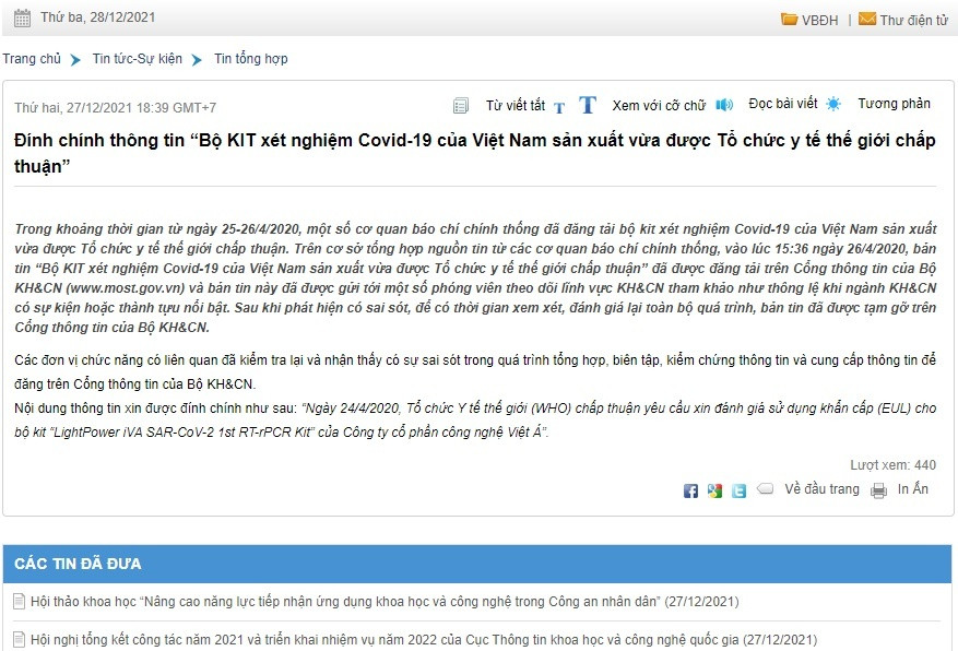 Bộ KH&CN đính chính thông tin 'kit test COVID-19 của Việt Á được WHO chấp thuận' - 1