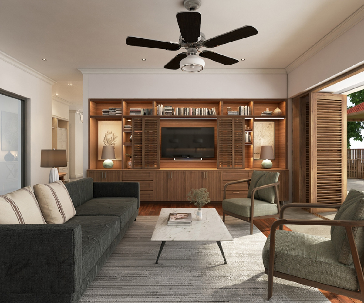Nội thất phòng khách giản dị, thanh lịch. Chất liệu vải sofa và gỗ cho cảm giác gần gũi. Màu sắc được tiết chế với màu gỗ, màu trắng của tường, sàn và màu trung tính.