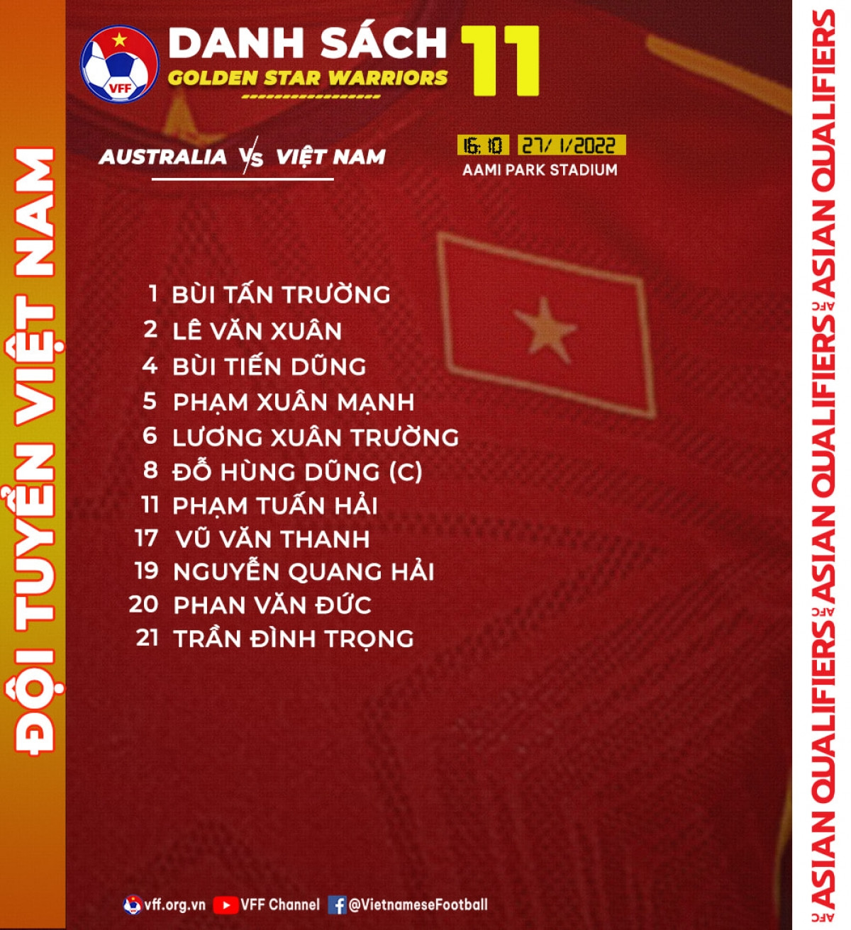 Đội hình xuất phát của ĐT Việt Nam. (Ảnh: VFF).