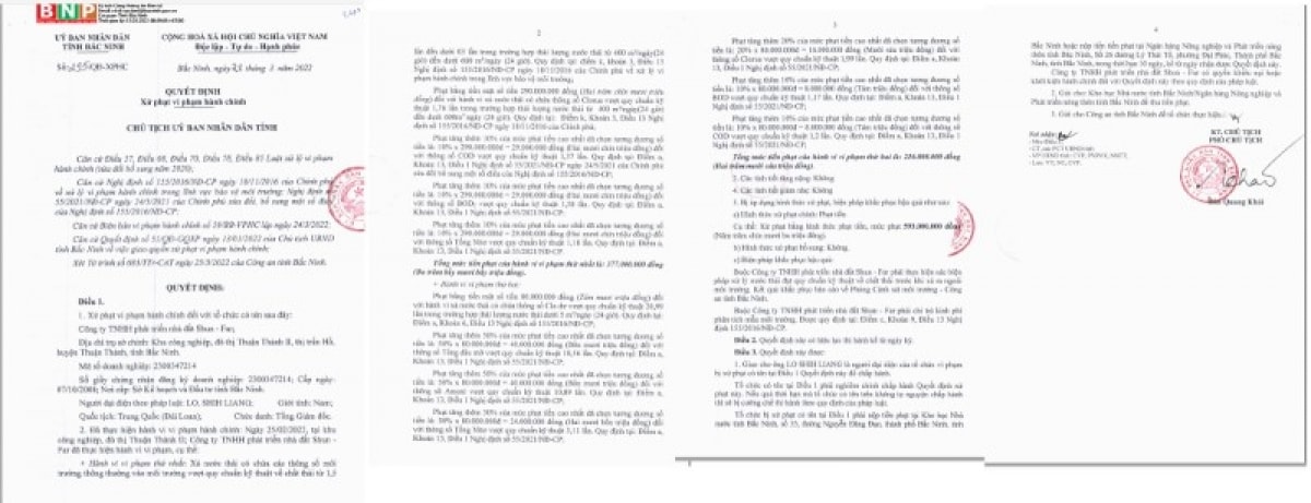 Biên bản xử phạt của UBND tỉnh Bắc Ninh đối với Công ty Shun – Far.