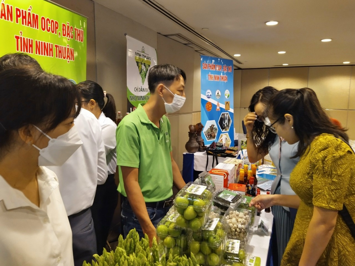 Các đại biểu tham quan gian trưng bày sản phẩm nông nghiệp của tỉnh Ninh Thuận.