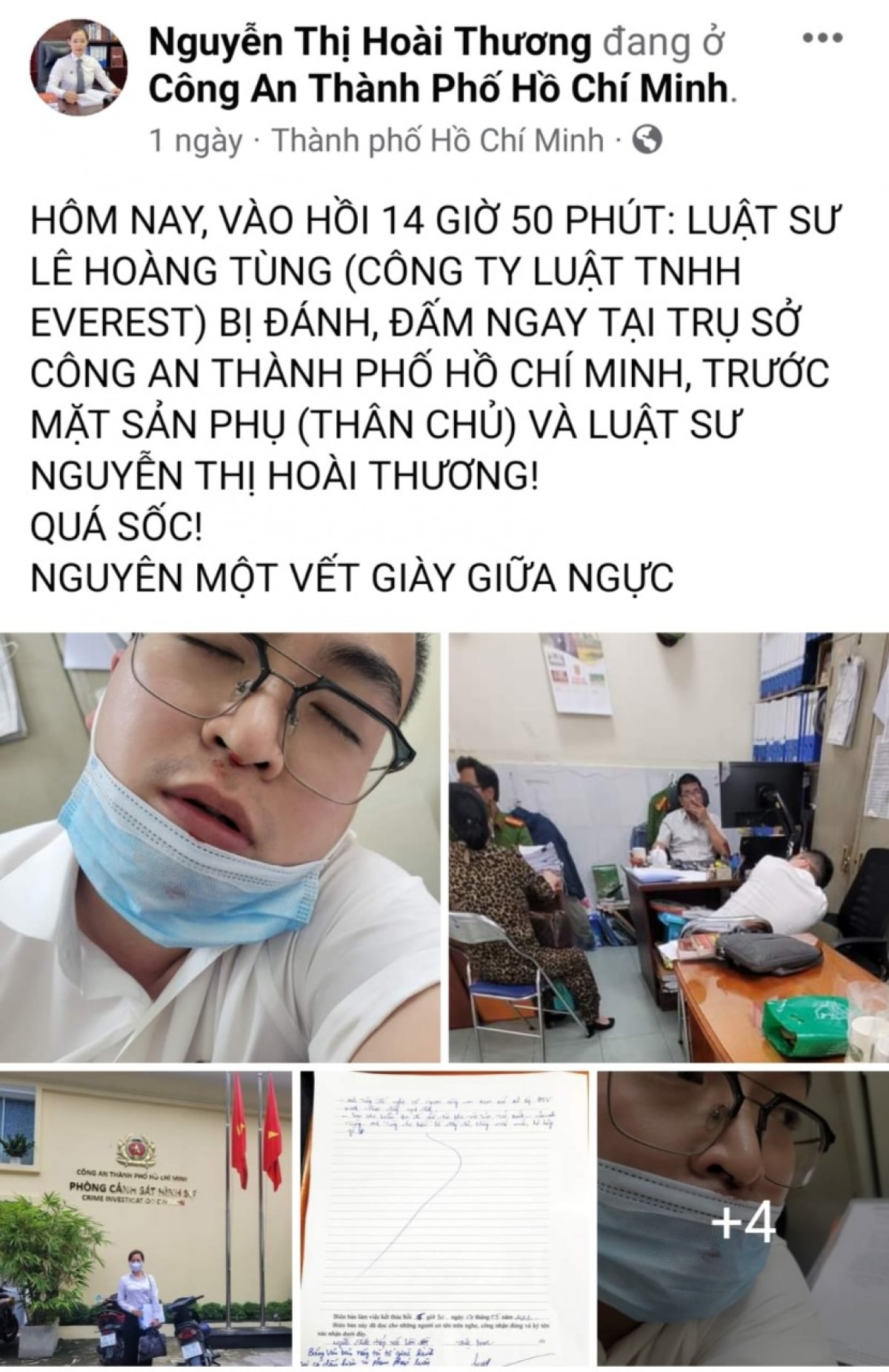 Hình ảnh luật sư Hoài Thương đưa lên mạng xã hội cho rằng Luật sư bị hành hung tại trụ sở công an.