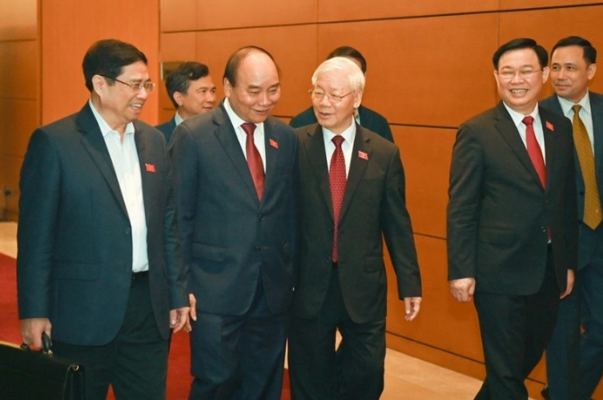 Từ trái qua phải: Thủ tướng Phạm Minh Chính, Chủ tịch nước Nguyễn Xuân Phúc, Tổng Bí thư Nguyễn Phú Trọng, Chủ tịch Quốc hội Vương Đình Huệ tại một kỳ họp Quốc hội (Ảnh: Nhật Bắc).