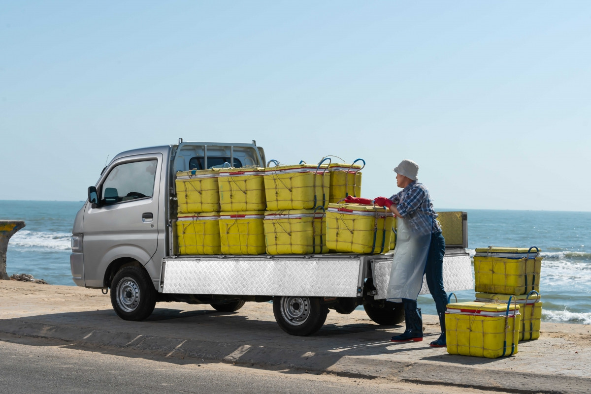 Phần sàn thùng của Suzuki Carry Pro được làm từ thép tấm mạ kẽm chống ăn mòn rỉ sét phù hợp để vận chuyển hải sản