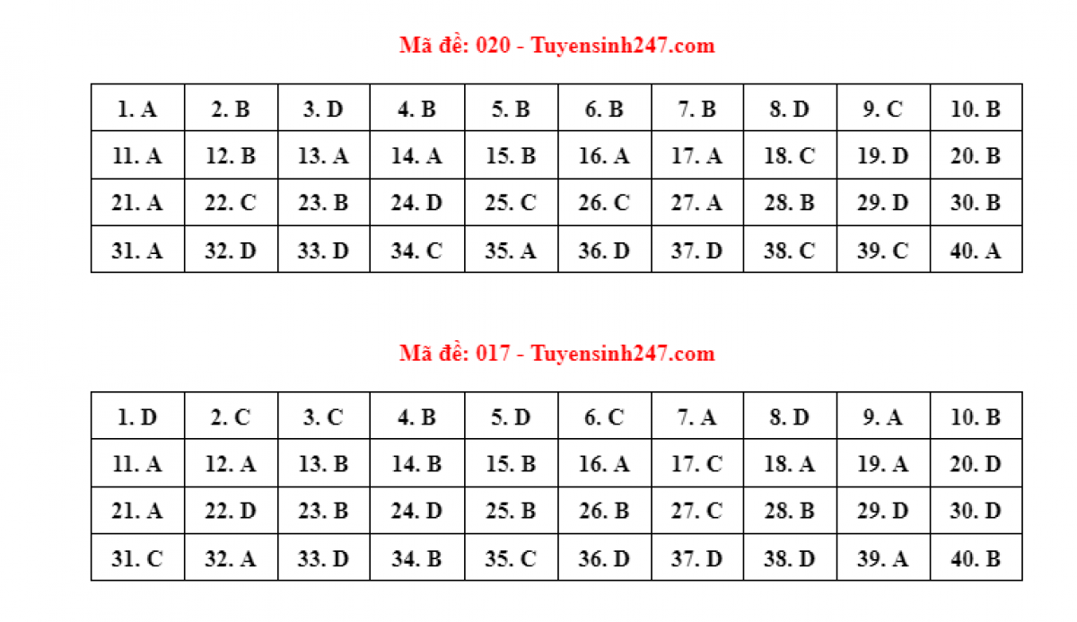 Chi tiết đáp án các mã đề thi môn Tiếng Anh kỳ thi tuyển sinh lớp 10 tại Hà  Nội