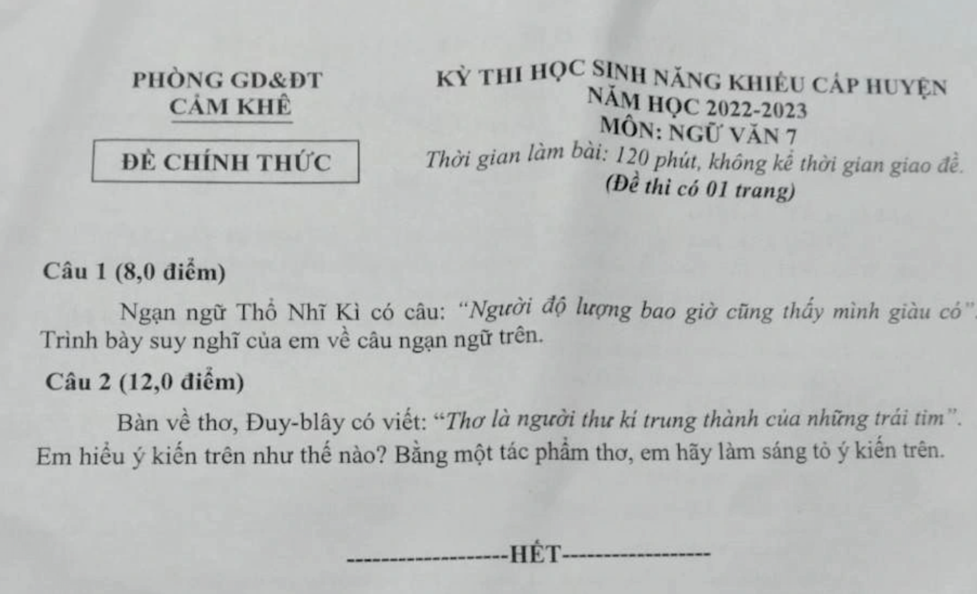Đề Văn lớp 7 'khó như thi học sinh giỏi quốc gia', Phòng GD&ĐT lên tiếng - 1