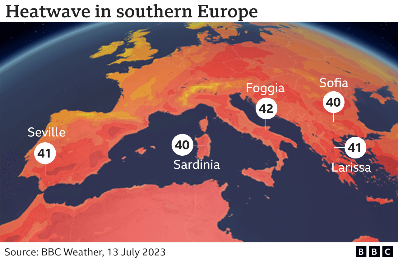 Nền nhiệt trung bình ở một số khu vực ở Nam Âu vào ngày 13/7. (Ảnh: BBC)