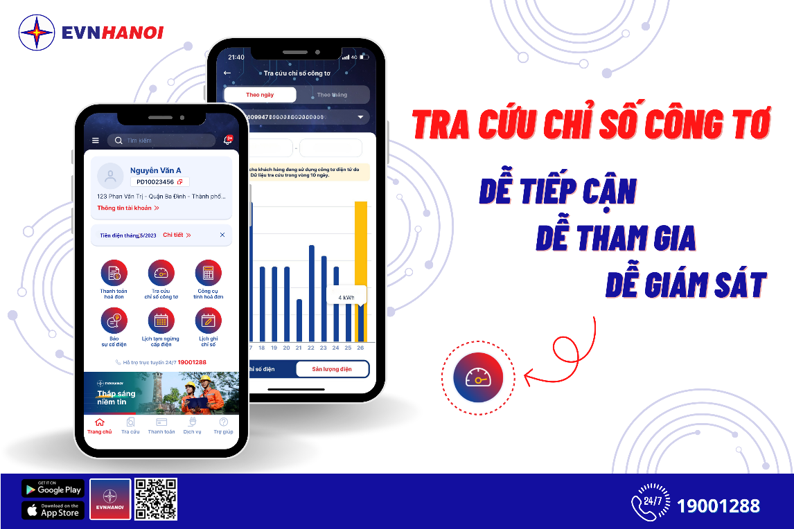 Tính năng tra cứu chỉ số công tơ trên App EVNHANOI.