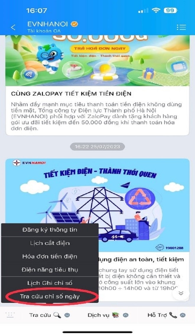 Cách tra cứu lượng điện năng tiêu thụ trên Trang EVNHANOI tại ứng dụng Zalo.