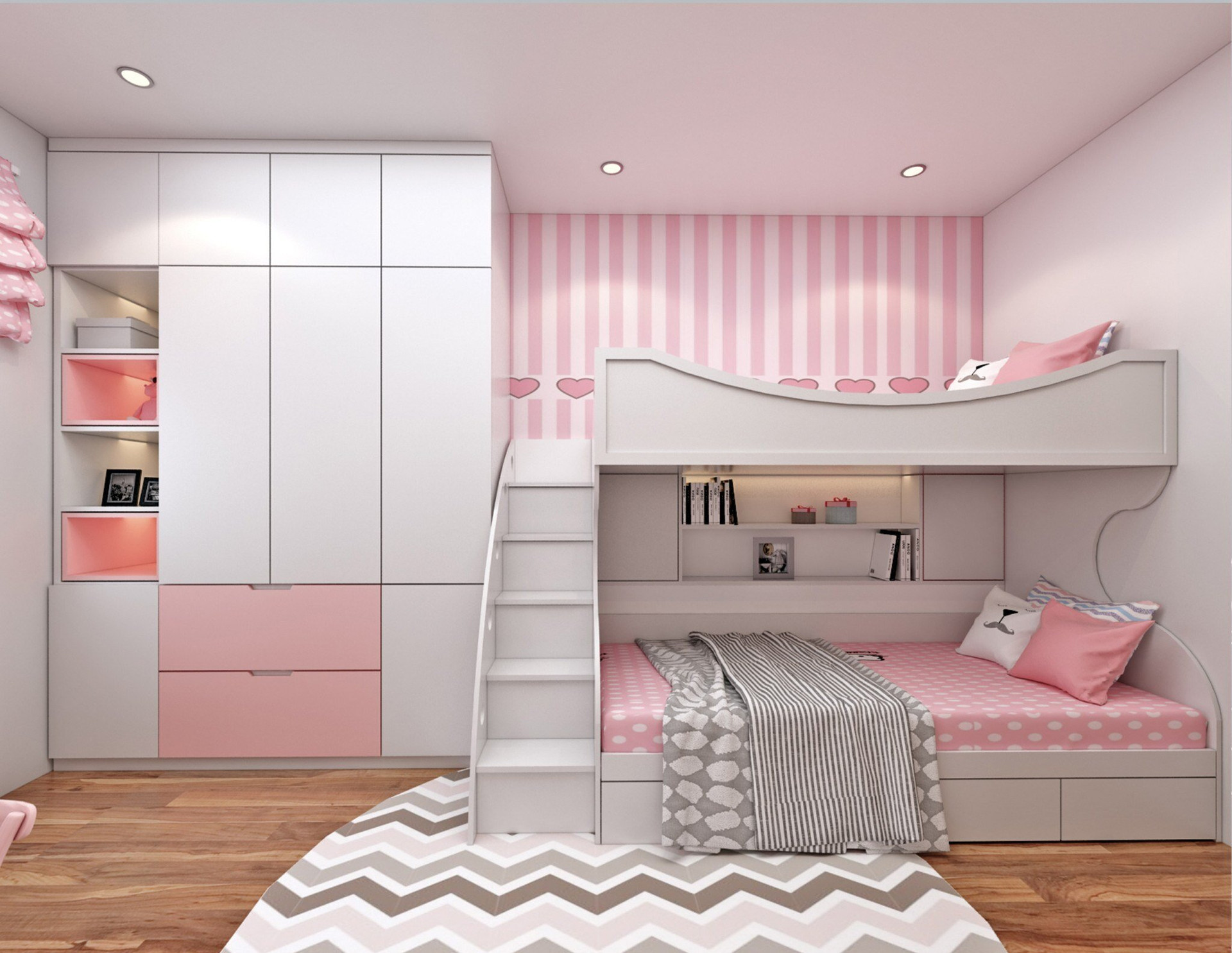 Đối với những gia đình có diện tích hạn hẹp nhưng có hai cô công chúa nhỏ, thì việc sử dụng giường tầng là lựa chọn hợp lý. Căn phòng lấy màu hồng và trắng làm màu chủ đạo, kết hợp cùng màu nâu gỗ của sàn nhà tăng thêm sự nổi bật.
