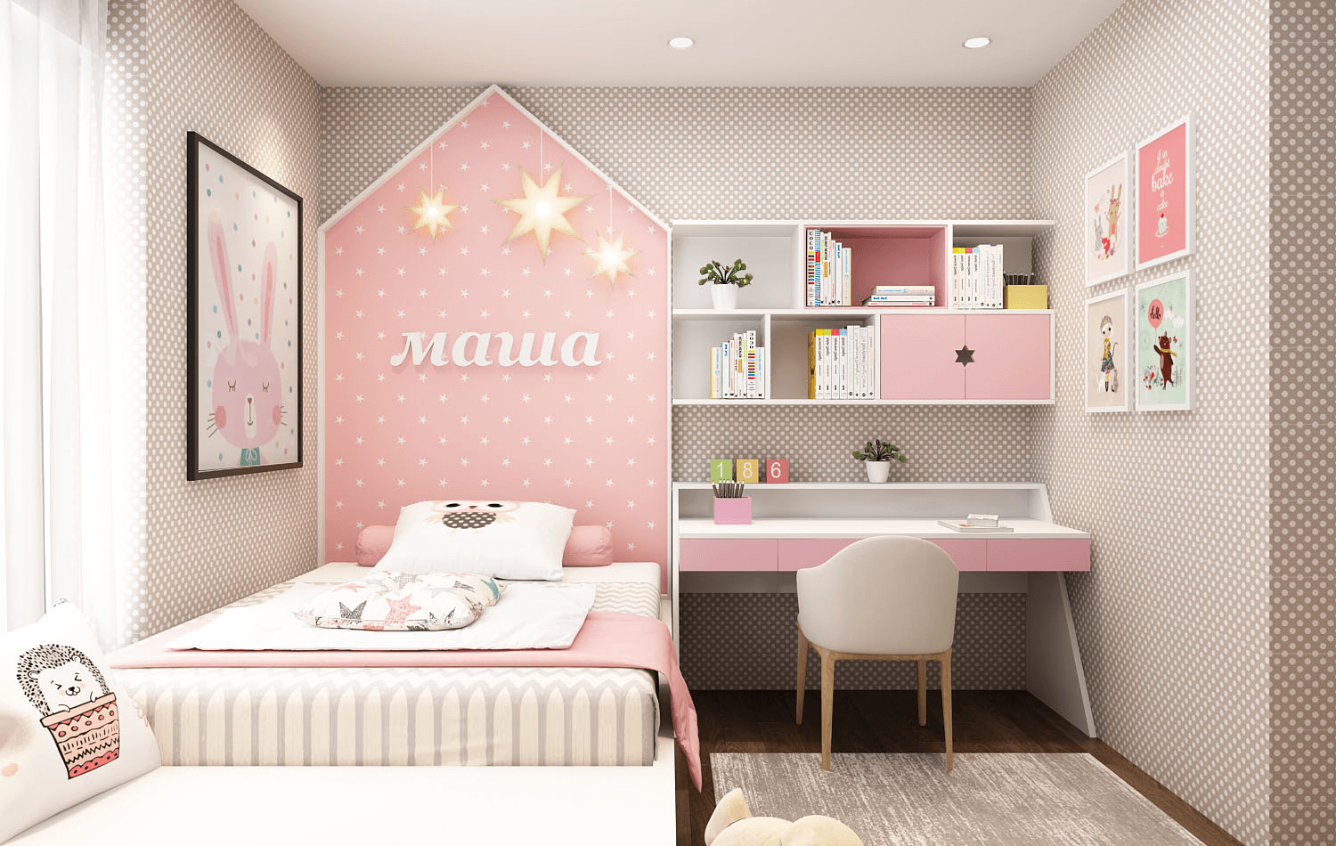 Tạo không gian phòng ngủ bé gái bằng màu hồng vừa đảm bảo tính thẩm mĩ vừa giúp bé ngủ sâu giấc hơn. Không gian phòng ngủ được trang trí thể hiện nét nữ tính, dịu dàng.