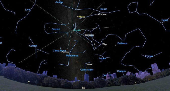 Bản đồ các chòm sao với điểm mà mưa sao băng Orionids phát ra được đánh dấu. (Ảnh: EARTHSKY)