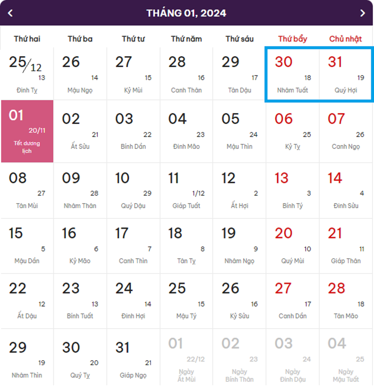 Lịch nghỉ Tết Dương lịch 2024 (màu xanh là ngày nghỉ cuối tuần, màu hồng là ngày nghỉ lễ chính thức).