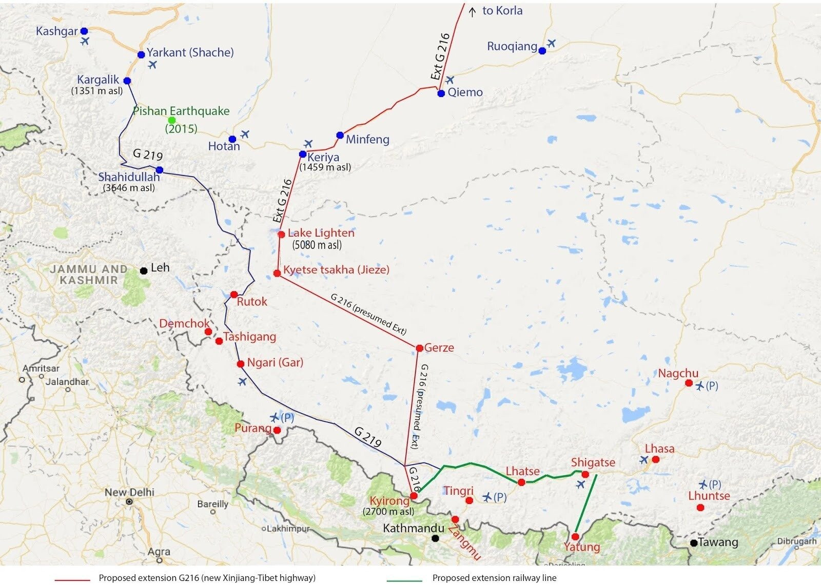 Bản đồ cho thấy hai tuyến đường G219 và G216 dọc biên giới Trung Quốc và Ấn Độ.