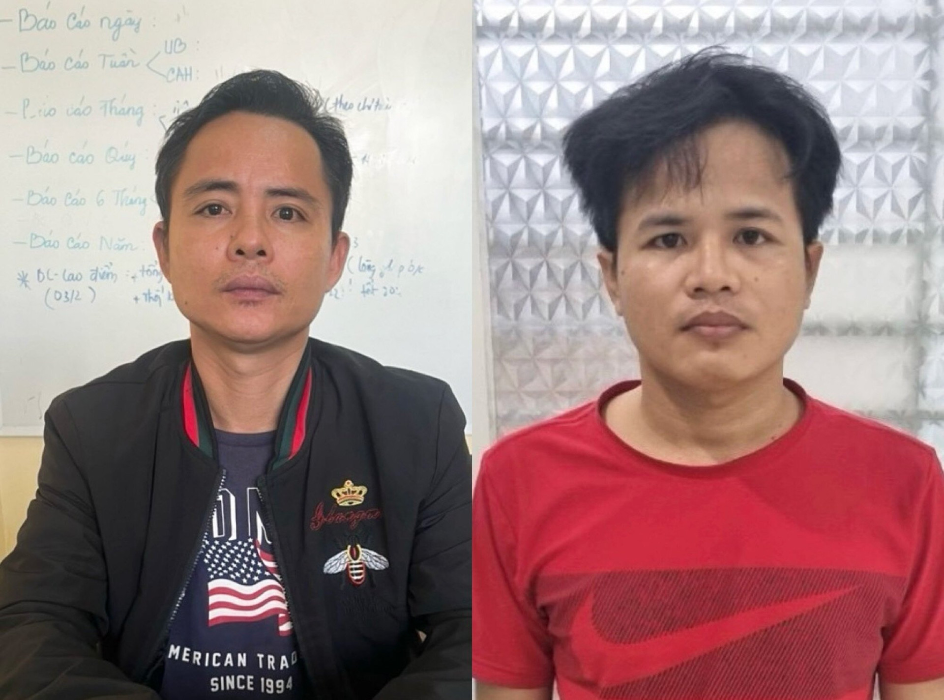 Nguyễn Hữu Oai (trái) và Nguyễn Hữu Như tại cơ quan điều tra. (Ảnh Công an cung cấp)