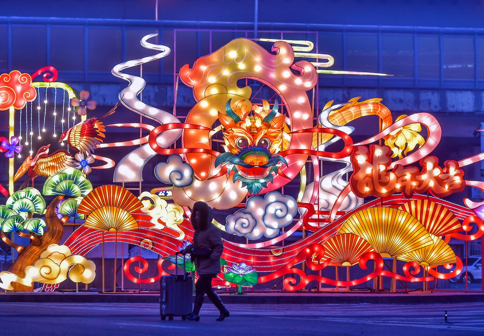 Một người phụ nữ đi ngang qua những chiếc đèn lồng hình rồng ở Urumqi, khu tự trị Duy Ngô Nhĩ Tân Cương, Trung Quốc. Thời tiết lạnh giá và bão tuyết không ngăn cản được các công nhân thành thị về quê đón năm mới, bất chấp những trạm dừng đông đúc và ùn tắc giao thông nghiêm trọng.