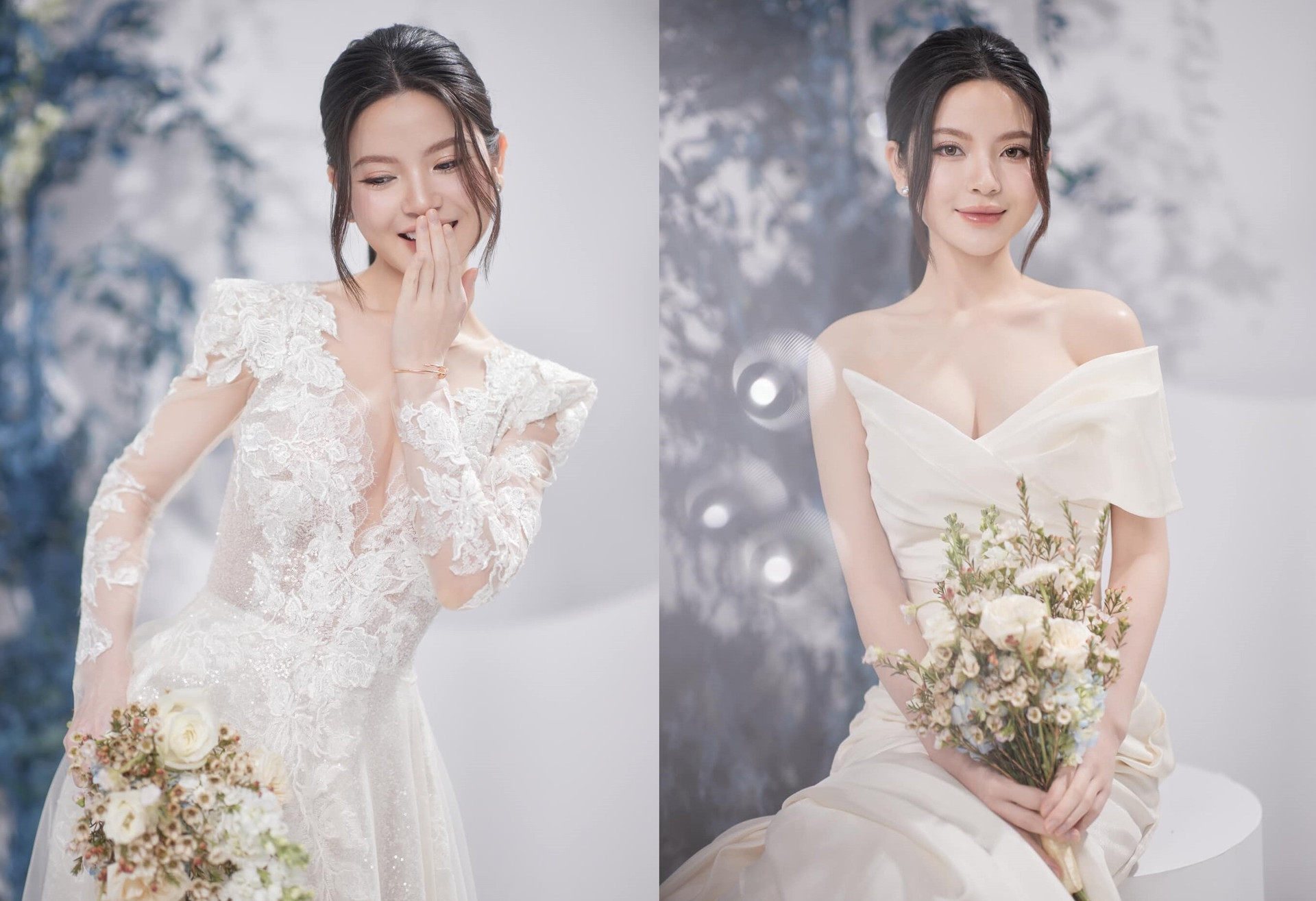 Cô dâu của Quang Hải khoe trọn nước da trắng sáng, vóc dáng mảnh mai trong hai bộ váy cưới màu trắng tinh khôi. Ảnh: Lê Linh Chí.