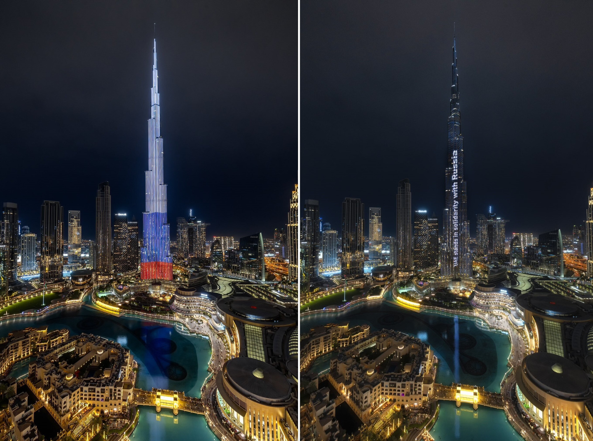 Tòa nhà cao nhất thế giới Burj Khalifa ở Dubai thắp sáng quốc kỳ Nga vào tối 23/3. (Ảnh: Dubai Media Office)