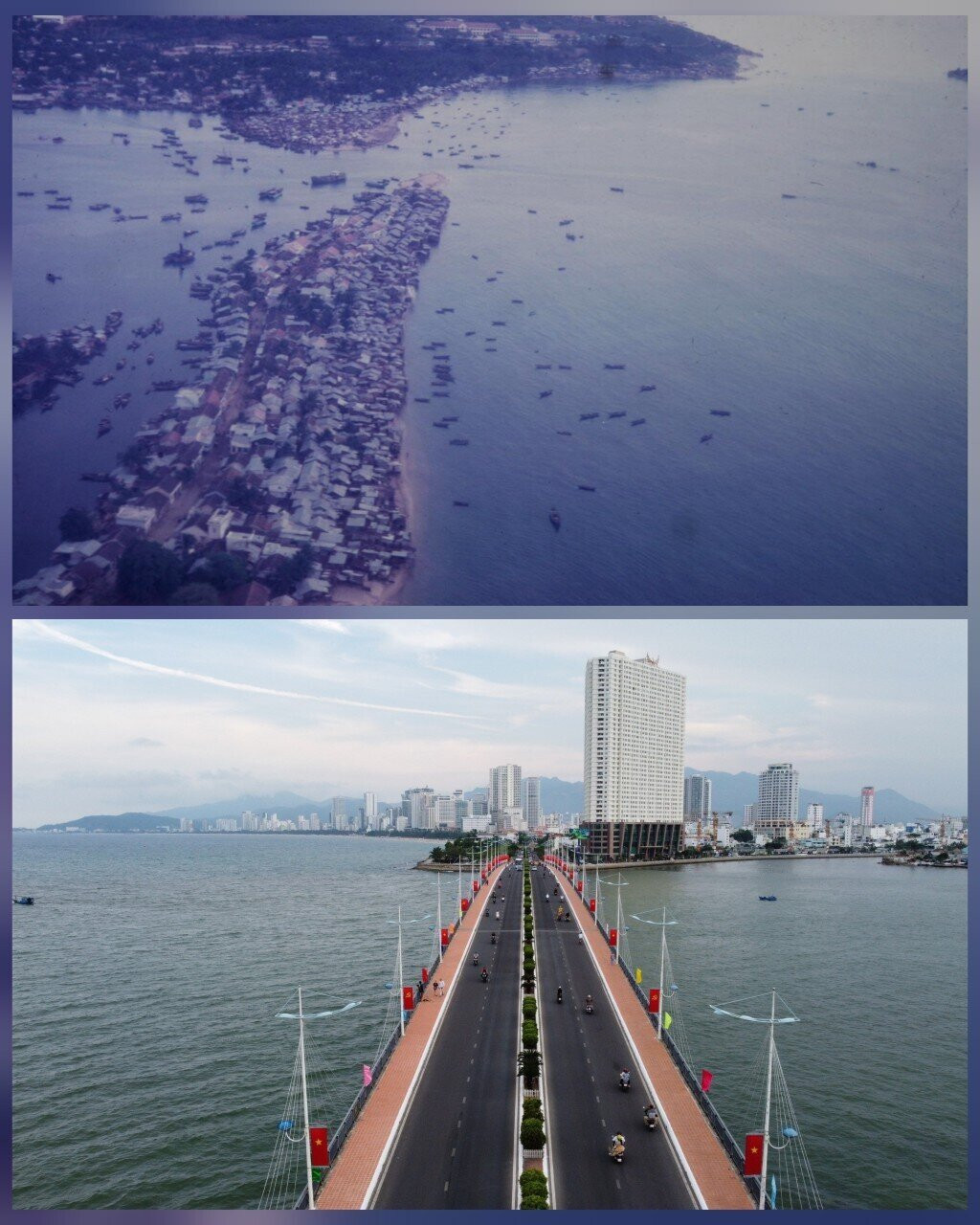 Xóm Cồn những năm 1968, khu vực ven biển Nha Trang (ảnh trên), nay có cây cầu Trần Phú - điểm nhấn trên tuyến đường biển ở Nha Trang (ảnh dưới).
