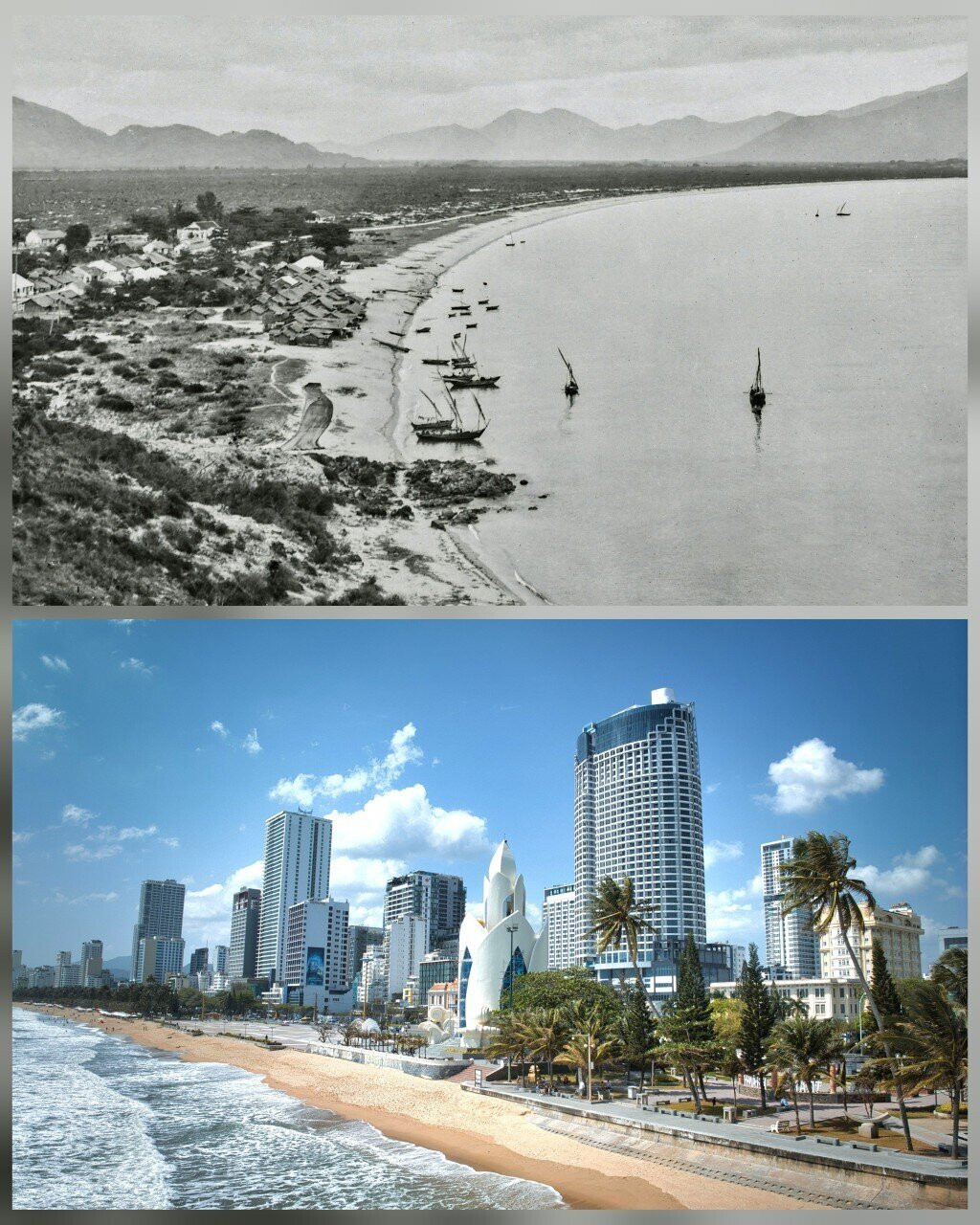 Những năm 1920 - 1929 đây là xóm chài ven biển (ảnh trên),  còn nay là đường Trần Phú sầm uất với dãy cao ốc ven biển (ảnh dưới).