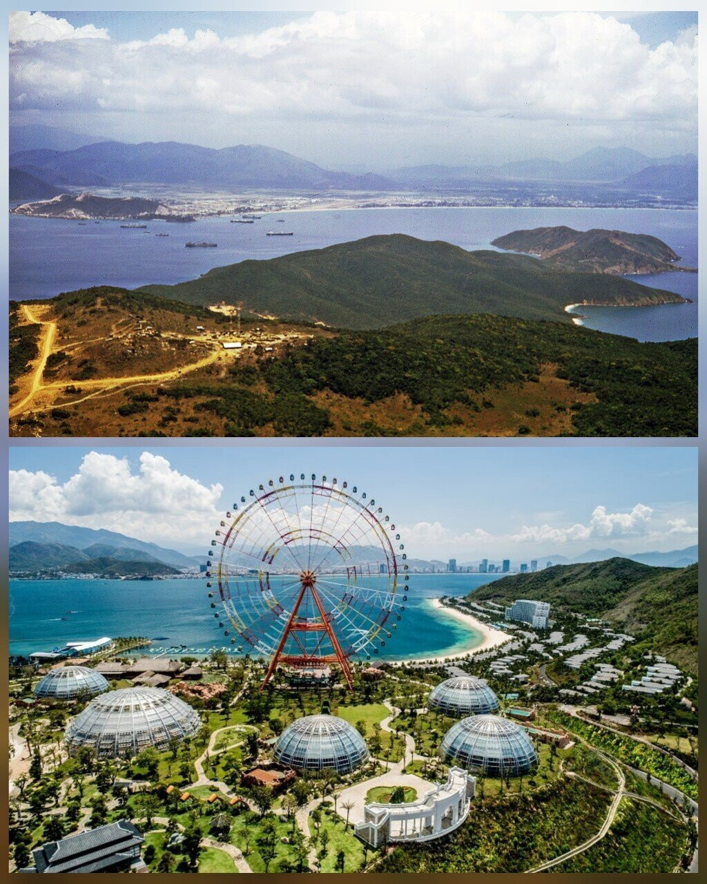 Những năm 1967 - 1969, Hòn Tre là đảo lớn nhất tại Vịnh Nha Trang nhưng chưa được đầu tư (ảnh trên). Đến nay, đảo đã thành khu vui chơi, nghỉ dưỡng, trở thành điểm đến quen thuộc của du khách (ảnh dưới).
