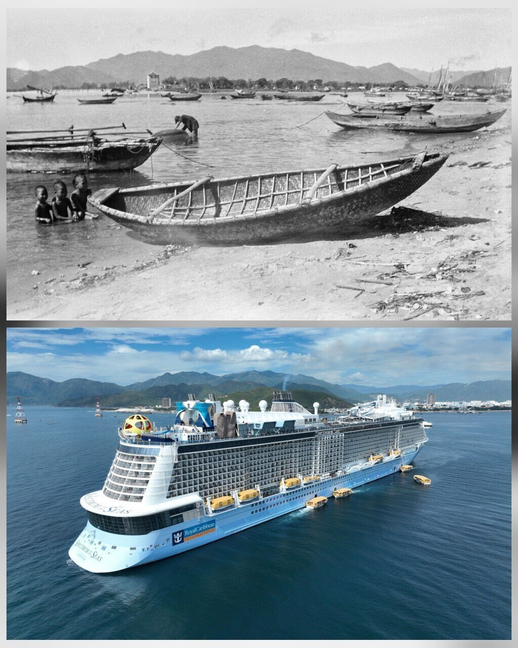 Thời kỳ 1920 - 1929 trên vịnh Nha Trang chỉ có những chiếc thuyền chài nhỏ bé (ảnh trên). Hiện nay, vịnh Nha Trang đón hàng chục du thuyền lớn của quốc tế ghé thăm (ảnh dưới)