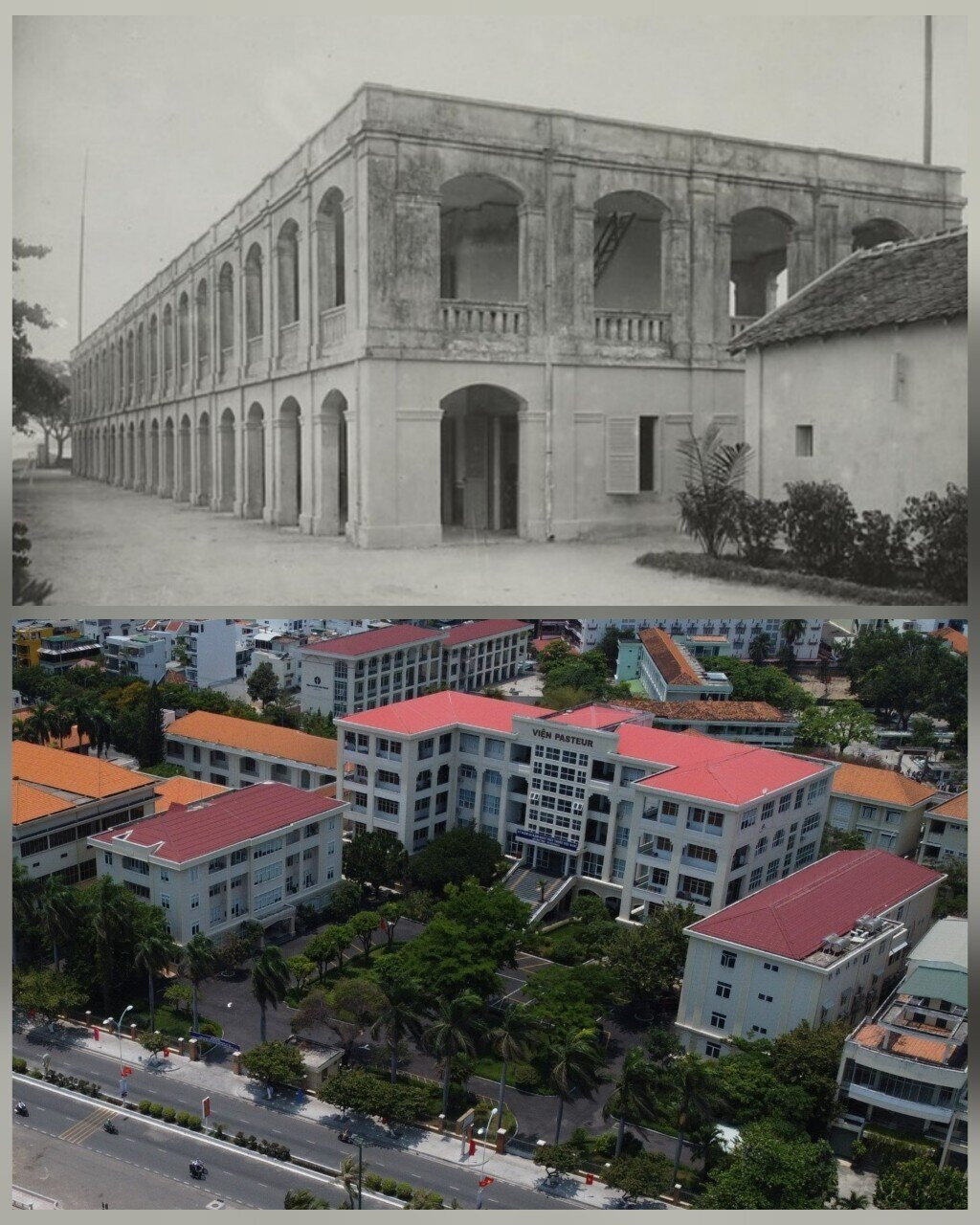 Viện Pasteur Nha Trang năm 1920 - 1929 (ảnh trên) là công trình do bác sĩ Alexandre Yersin thành lập năm 1895. Ban đầu, viện chỉ là phòng thí nghiệm cũ kỹ nay Viện Pasteur Nha Trang đã được đầu tư chỉnh trang hơn, thuộc hệ thống y tế dự phòng của Bộ Y tế (ảnh dưới)
