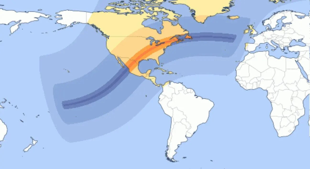 Dài trung tâm của nhật thực được đánh dấu bằng màu cam đậm. Các khu vực xung quanh chỉ quan sát được nhật thực bán phần. (Ảnh: TIME AND DATE)