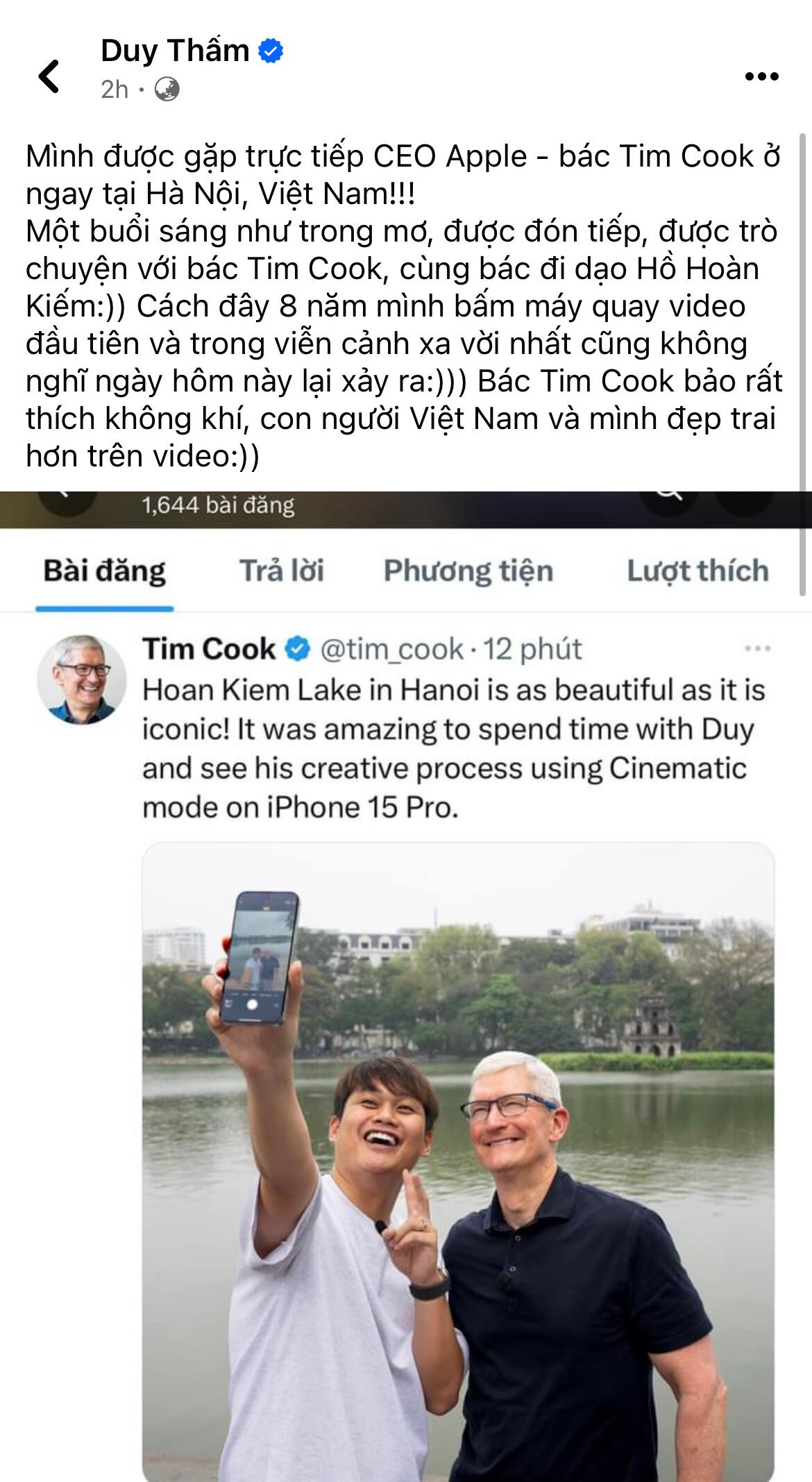 KOL Duy Thẩm chia sẻ khoảnh khắc gặp CEO Apple. (Ảnh: Facebook Duy Thẩm)